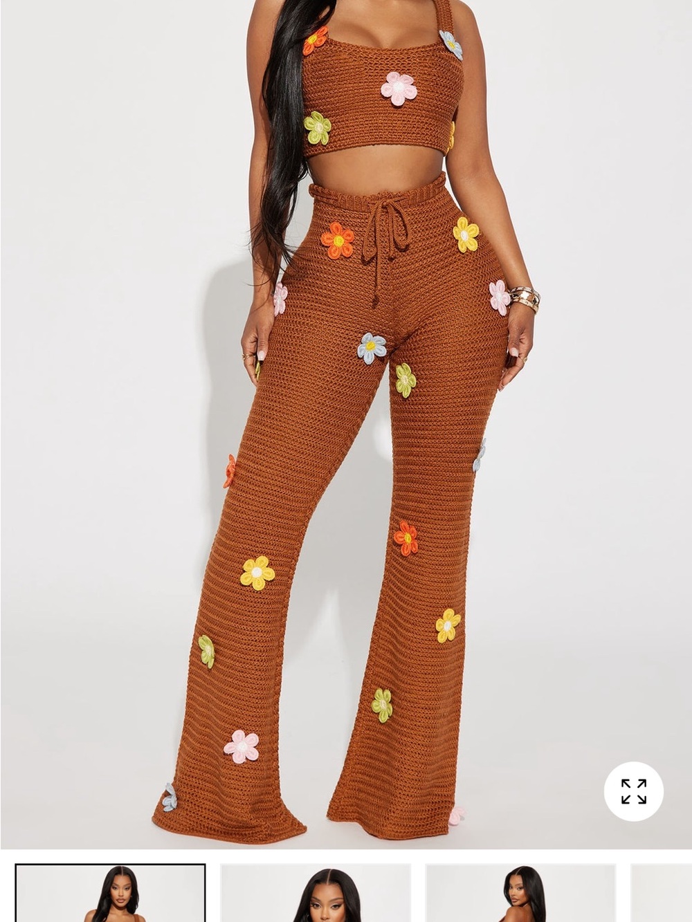 Crochet Wide-Leg Pants with Floral Appliqués - Brown